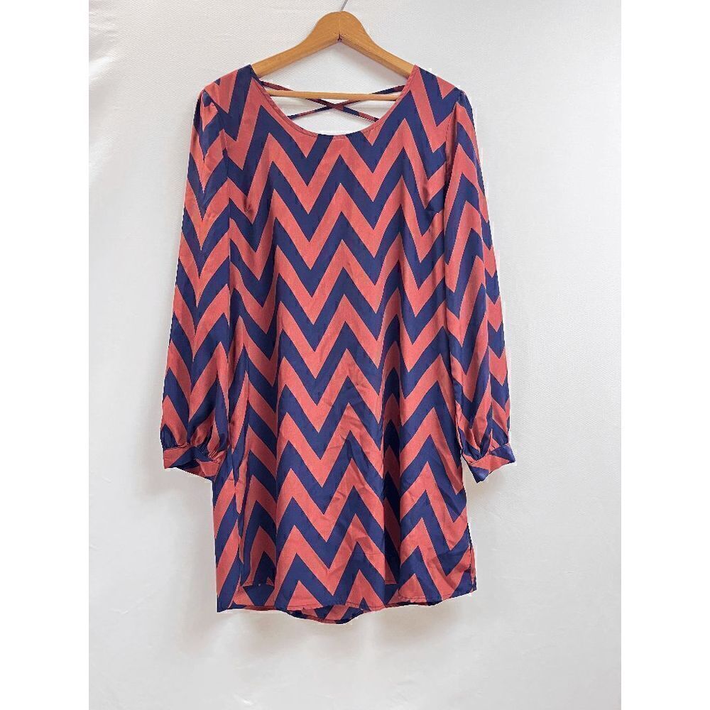 Charming Charlie Womens Lined Long Sleeve Scoop neck Shift Dress Orange Blue Sz